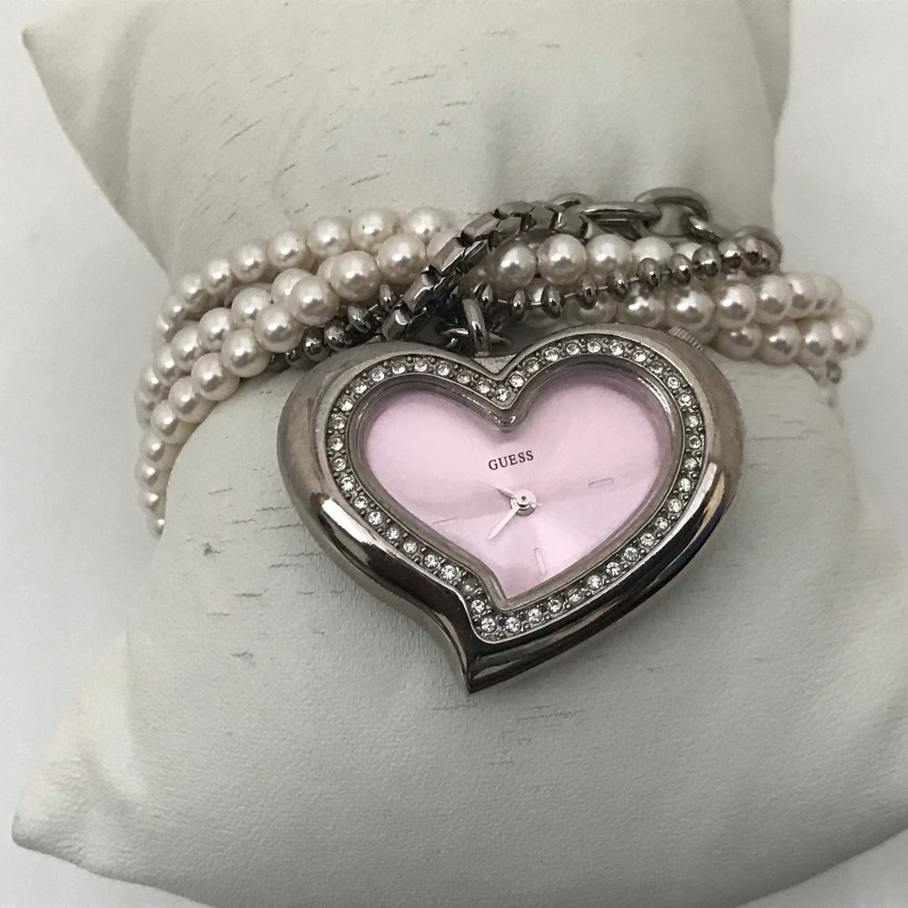 Guess Ladies Watch Heart Shape Pink Face Beads Cha - Picture 2 of 12